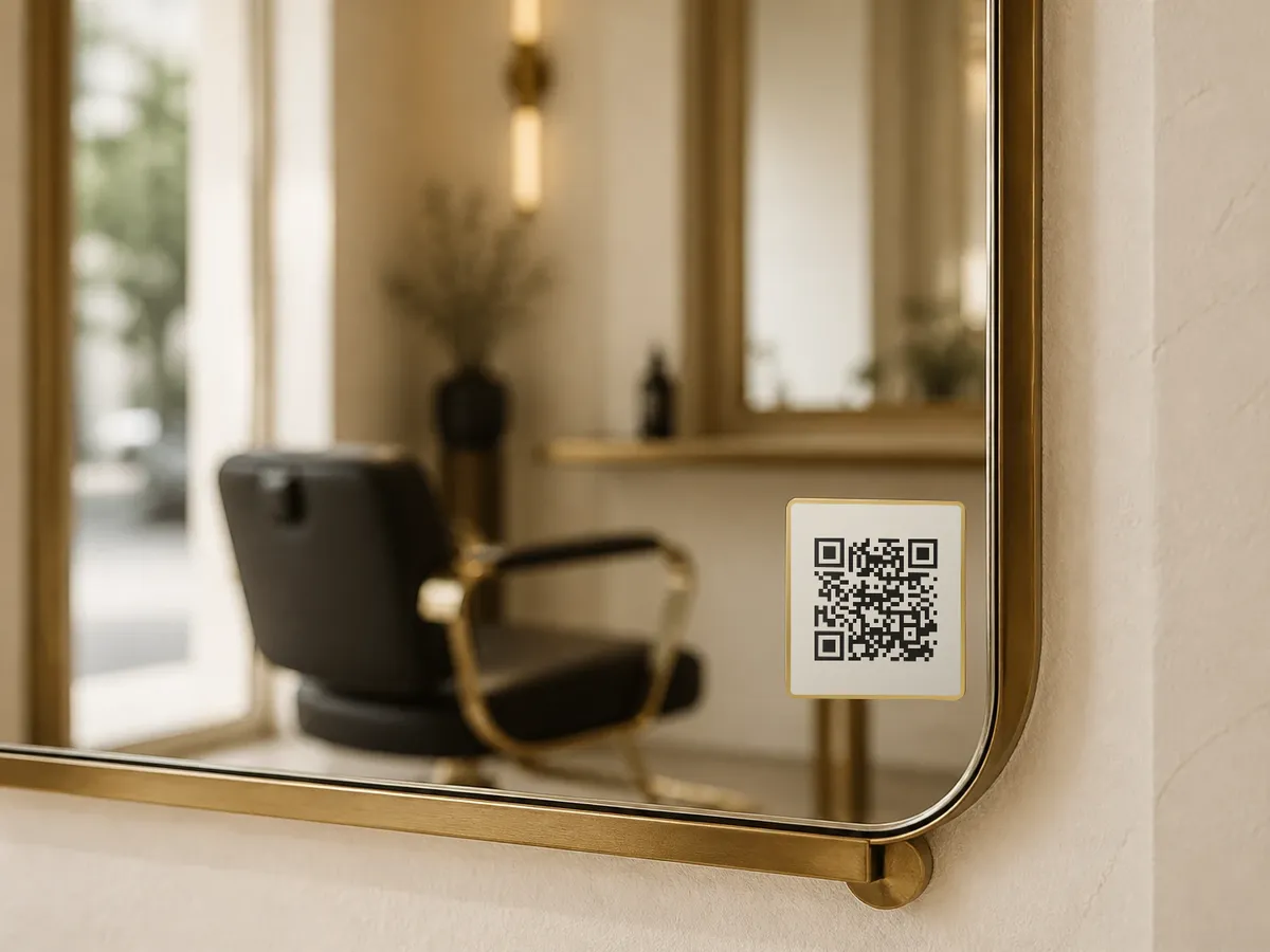 A small Beckon QR code sticker on the corner of a salon mirror